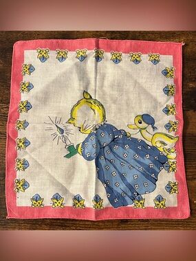 Vintage Cat Duck Children’s Cloth Handkerchief Pink Border